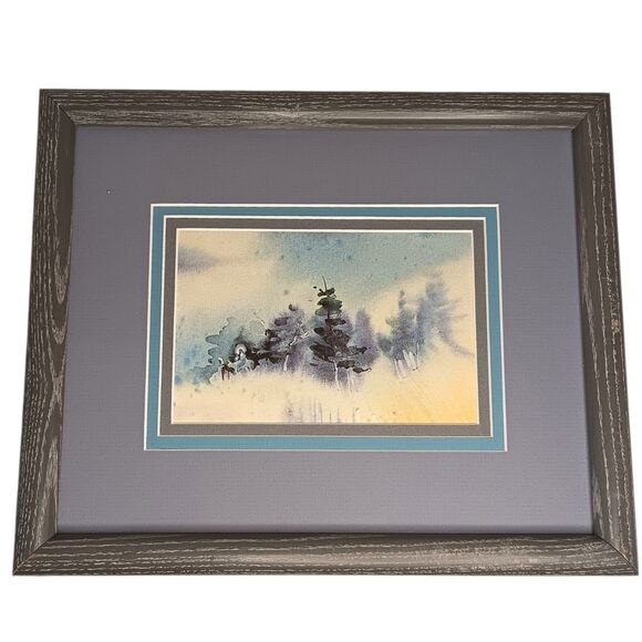 Mary & Joseph Journey To Bethlehem Snow Print Matted And Framed Blue & White VTG - Picture 15 of 15